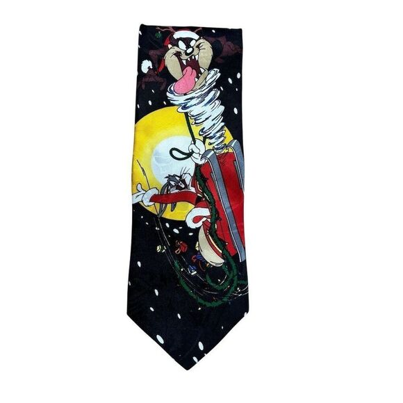 Vintage 90s Looney Tunes Christmas Tie Taz & Bugs Bunny Geometric - Picture 1 of 3